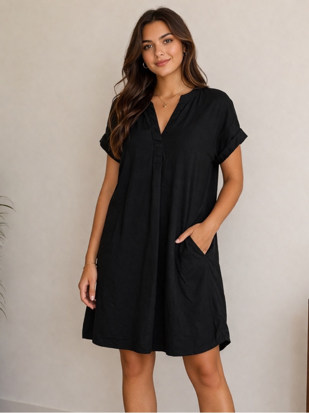 Time and Tru Black V-Neck Shift Dress with Pockets